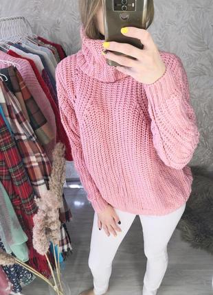 Красивий рожевий светр з горловиною9 фото