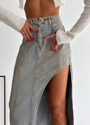 Женская джинсовая юбка с серебряным напылением, миди с вырезом, золотая, серебряная, юбка с разрезом5 фото