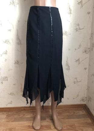 Юбка с пайетками и воланами, юбка черная, юбка силуэтная, юбка футляр миди