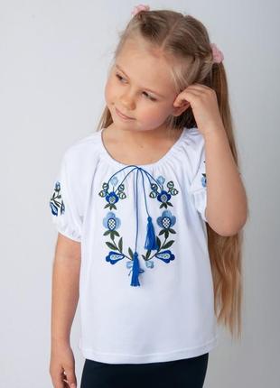 Хорошая вышиванка с голубыми цветами, вышитая трикотажная блуза для девочек, рубашка с вышивкой с коротким рукавом2 фото