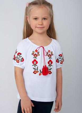 Красивая вышиванка с цветами, вышитая трикотажная блуза для девочек, рубашка с вышивкой с коротким рукавом3 фото