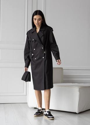 Жіночий чорний класичний двобортний  легкий плащ із водовідштовхувальним просоченням, чорний тренч