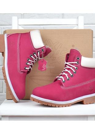 Ботинки зимние кожаные на цигейке timberland 6 inch pink winter fur1 фото