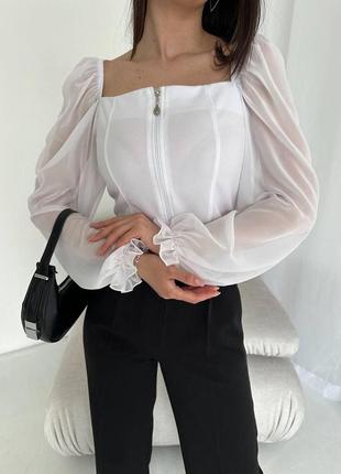 Женская кофточка блуза кофта шифон рукава черная белая3 фото