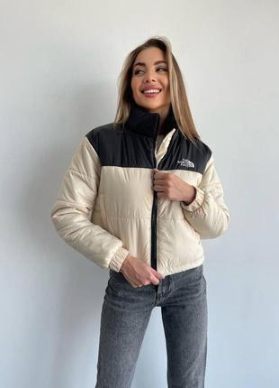 Женская теплая дутая курточка с начесом на весну двухцветная брендовая