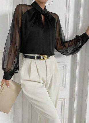 Шелковая блуза женская черная прозрачная с бантом размер 42-48