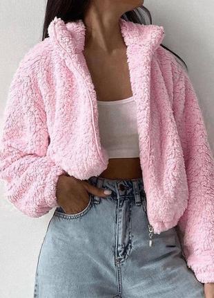 Мягкая плюшевая женская меховая кофта с капюшоном тедди розовый