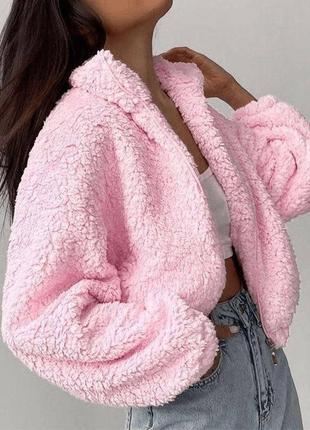 Мягкая плюшевая женская меховая кофта с капюшоном тедди розовый3 фото