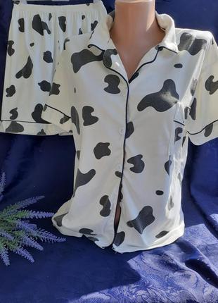 Далматинец!🐄 пижама рубашка с коротким рукавом и широкие шорты домашний костюм коровка для сна6 фото