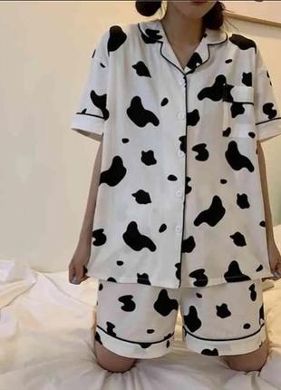 Далматинец!🐄 пижама рубашка с коротким рукавом и широкие шорты домашний костюм коровка для сна9 фото