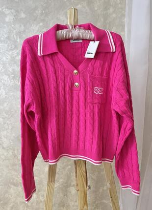 Шерстяной яркий вязаный свитер розовый цвет поло воротник sandro2 фото