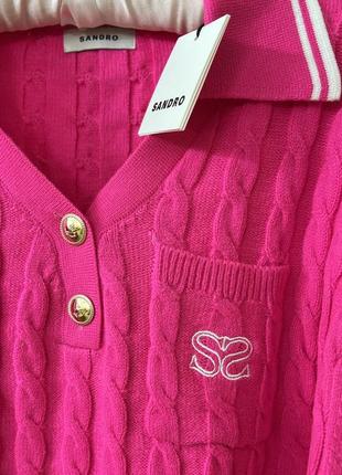 Шерстяной яркий вязаный свитер розовый цвет поло воротник sandro3 фото