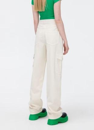 Denim брюки карго с карманами 100% натуральный хлопок коттон молочный  straight із накладними кишенями2 фото