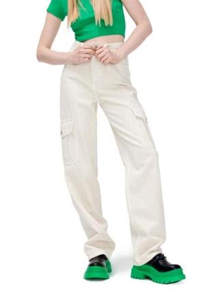 Denim брюки карго с карманами 100% натуральный хлопок коттон молочный  straight із накладними кишенями3 фото