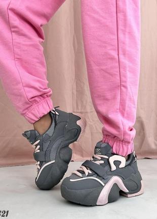 Трендові жіночі снікерси, рожевий/сірий, екошкіра/ сітка1 фото