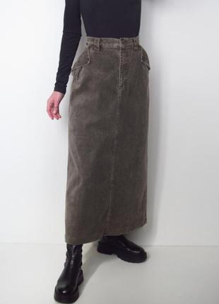 Вельветовая длинная  юбка хаки💚2 фото