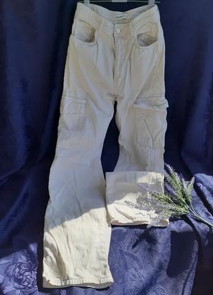 Denim брюки карго с карманами 100% натуральный хлопок коттон молочный  straight із накладними кишенями4 фото