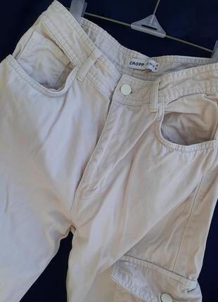 Denim брюки карго с карманами 100% натуральный хлопок коттон молочный  straight із накладними кишенями6 фото