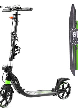 Самокат scooter з фарою й амортизатором чорно-зелений 6900066350771