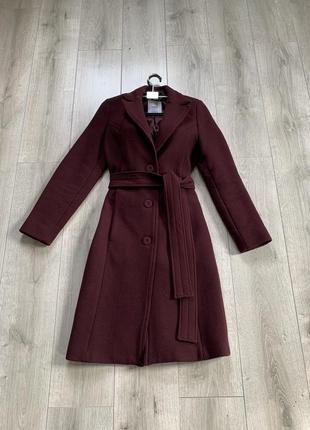 Пальто шерсть дорогое и качественное бордового цвета есть пояс размер xs длинной осень весна mango1 фото