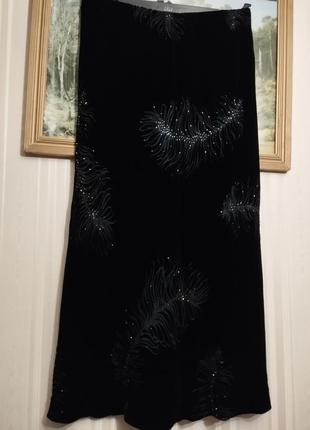 Винтаж макси длинная юбка бархат микс шелка принт перья вышивка бисером2 фото