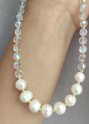 Чокер колье ожерелье из натуральных жемчуга жемчуг хрусталь1 фото