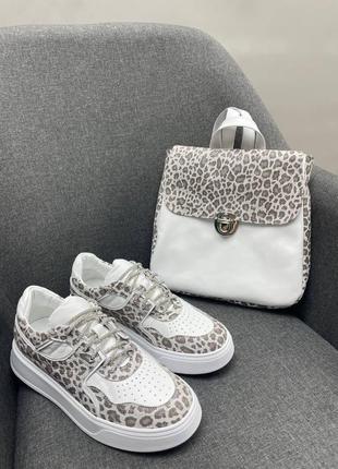 Женские кроссовки из натуральной кожи со вставками леопард + рюкзак2 фото