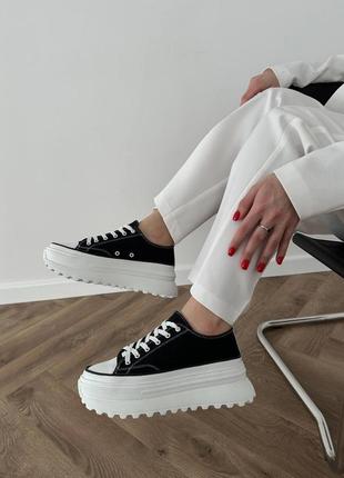 Черные очень крутые кеды - кроссовки из текстиля и натуральной кожи на высокой белой подошве9 фото