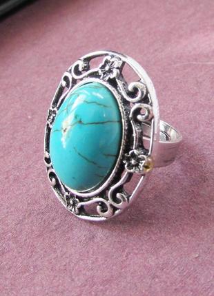 Винтажный стиль - кольцо с голубой вставкой бирюзы, безразмерное! арт. 5733-23 фото
