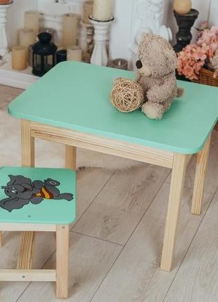 Детский столик с ящиком и стульчик мятный детский картинка слоник. для игры, учебы, рисования. код/артикул 115