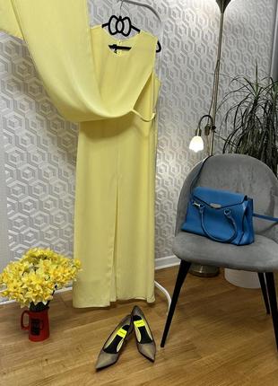 Длинное платье лимонно-желтого цвета с плахтой и разрезом размер м3 фото