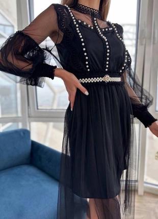Накладний платіж ❤ святкова сукня міді з фатиновою спідницею  мереживом пояс перлини2 фото
