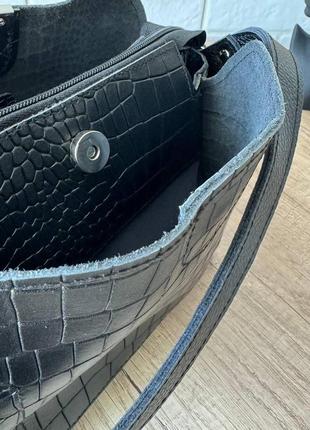 Женская кожаная сумка рептилия стиль зара черная, сумочка из натуральной кожи крокодил черный5 фото