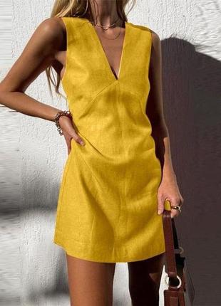 Женское летнее платье-сарафан льняное с v-образным вырезом размеры s-l