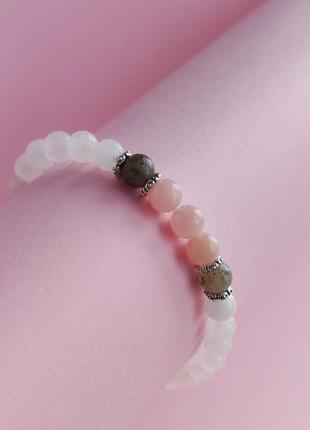 Браслет місячний камінь, рожевий кварц, лабрадор. браслет з адуляру, рожевого кварцу, лабрадору. індія.