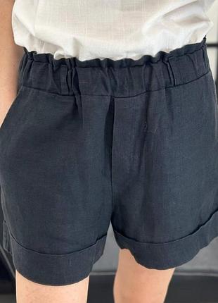 Шорти льон чорні гумка підвороти класика лляні кежуал casual