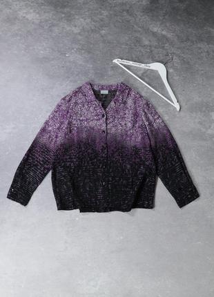 Женская приталенная структурная рубашка finnkarelia. черно-белый градиент с фиолетовым рисунком, серебрянные линии, вышитые цветы. retro vintage2 фото