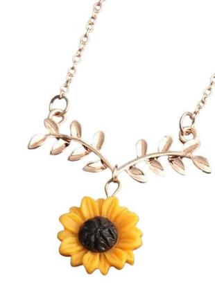 Цепочка с кулоном ожерелье женское золотистое цветок подсолнух 2.5 см эпоксидная смола