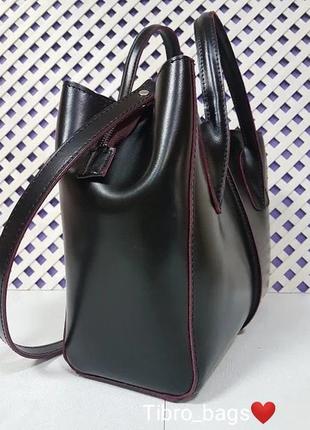 Кожаная сумка "форта" , натуральная полуматовая кожа чернаяс изнанкой бургунди.3 фото