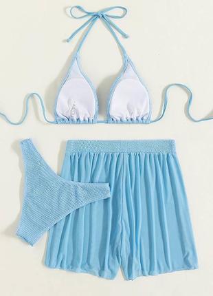 Голубой купальник и пляжные шорты пляжный комплект 3 в 17 фото