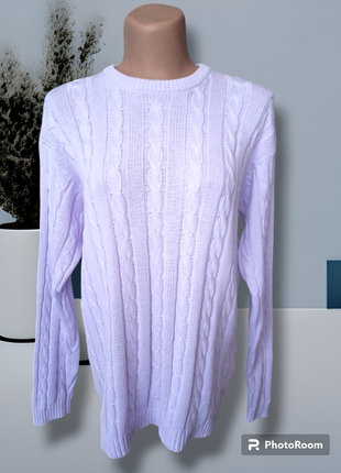Женский свитер джемпер нежного лавандового цвета из коттона вязаный косами прямого кроя оверсайз размером в идеальном состоянии на весну