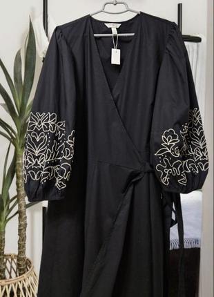 Длинное черное хлопковое платье на запах с вышивкой h&m5 фото