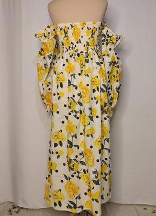 Платье коттоновое, желтое, цветочный принт, обнаженные плечи7 фото
