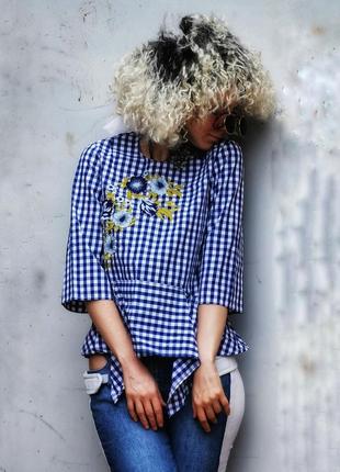 Блуза в клітку з вишивкою асиметрична zara woman коттон бавовна3 фото