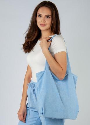 Вельветовая мегастильная голубая сумка шоппер