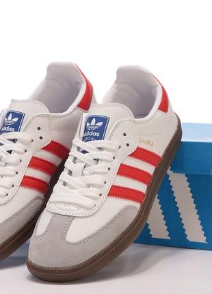 Жіночі кросівки  білі з сірим та червоним adidas samba