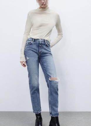 Синие джинсы слим с высокой посадкой zara джинсы с потертостями зара slim fit 6688/234