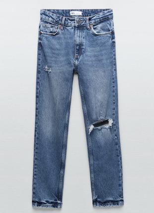 Синие джинсы слим с высокой посадкой zara джинсы с потертостями зара slim fit 6688/2344 фото