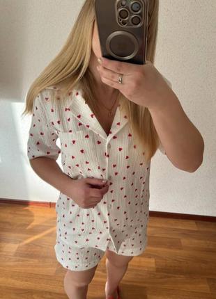 Женская летняя пижама домашний костюм шорты и рубашка муслин турция7 фото