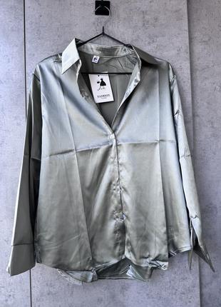 Сатиновая оливковая блуза офисная